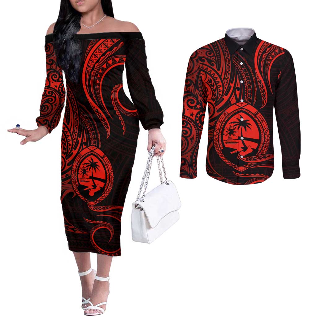 Polynesian Guam Coat of Arms Couples Matching Off The Shoulder Long Sleeve Dress and Long Sleeve Button Shirt Polynesian Tribal Tattoo Red Version