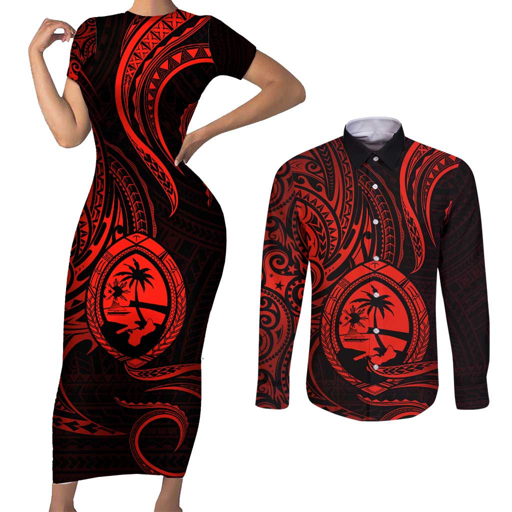 Polynesian Guam Coat of Arms Couples Matching Short Sleeve Bodycon Dress and Long Sleeve Button Shirt Polynesian Tribal Tattoo Red Version LT9 Red - Polynesian Pride