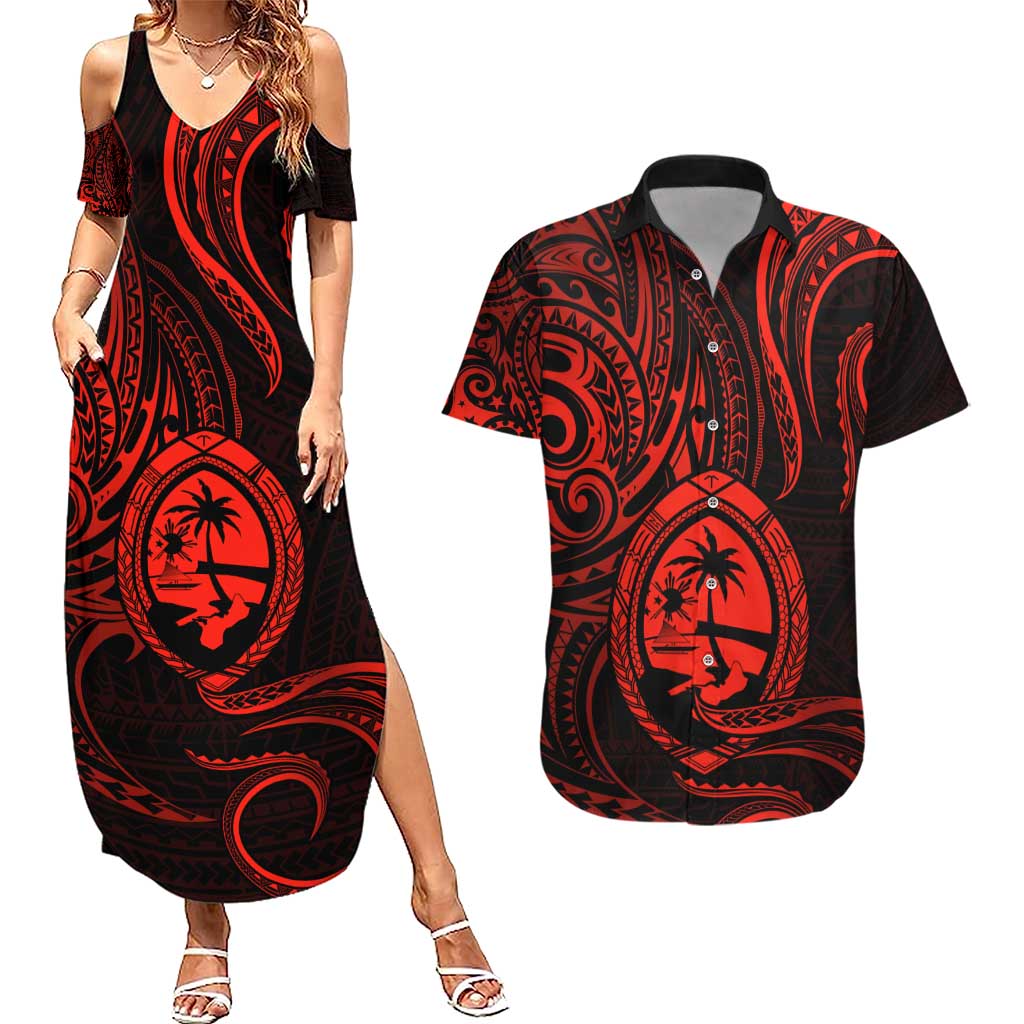 Polynesian Guam Coat of Arms Couples Matching Summer Maxi Dress and Hawaiian Shirt Polynesian Tribal Tattoo Red Version LT9 Red - Polynesian Pride