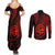 Polynesian Guam Coat of Arms Couples Matching Summer Maxi Dress and Long Sleeve Button Shirt Polynesian Tribal Tattoo Red Version