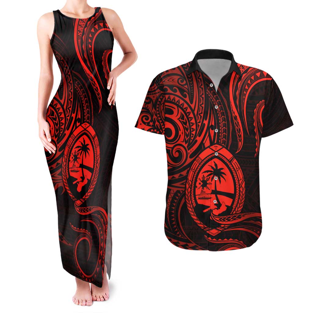 Polynesian Guam Coat of Arms Couples Matching Tank Maxi Dress and Hawaiian Shirt Polynesian Tribal Tattoo Red Version