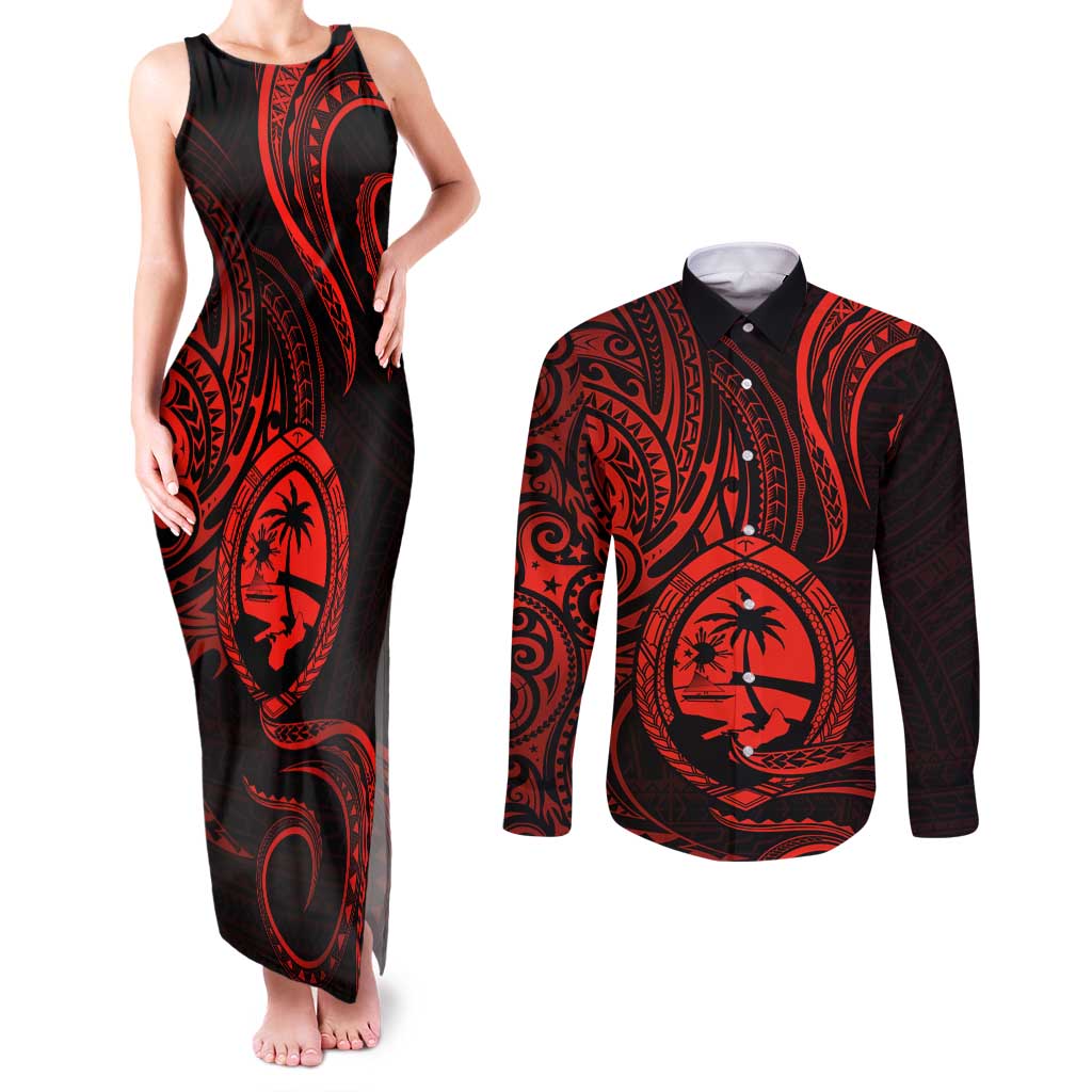 Polynesian Guam Coat of Arms Couples Matching Tank Maxi Dress and Long Sleeve Button Shirt Polynesian Tribal Tattoo Red Version LT9 Red - Polynesian Pride