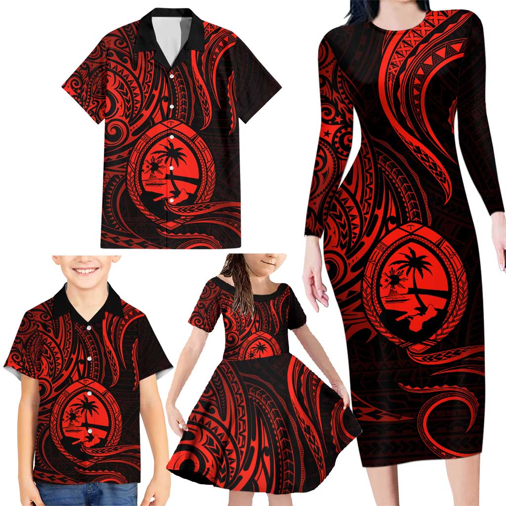 Polynesian Guam Coat of Arms Family Matching Long Sleeve Bodycon Dress and Hawaiian Shirt Polynesian Tribal Tattoo Red Version LT9 - Polynesian Pride