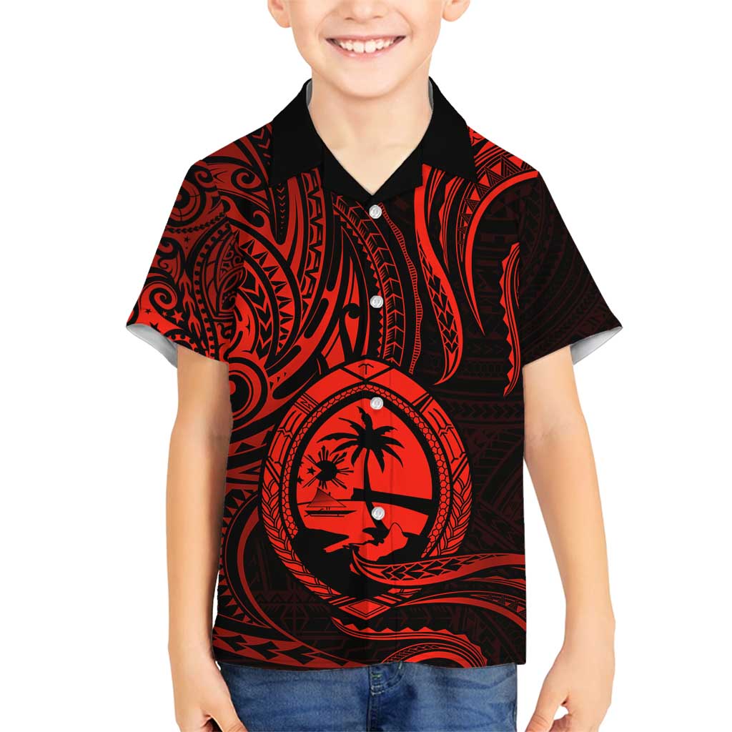 Polynesian Guam Coat of Arms Family Matching Long Sleeve Bodycon Dress and Hawaiian Shirt Polynesian Tribal Tattoo Red Version