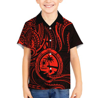 Polynesian Guam Coat of Arms Family Matching Long Sleeve Bodycon Dress and Hawaiian Shirt Polynesian Tribal Tattoo Red Version