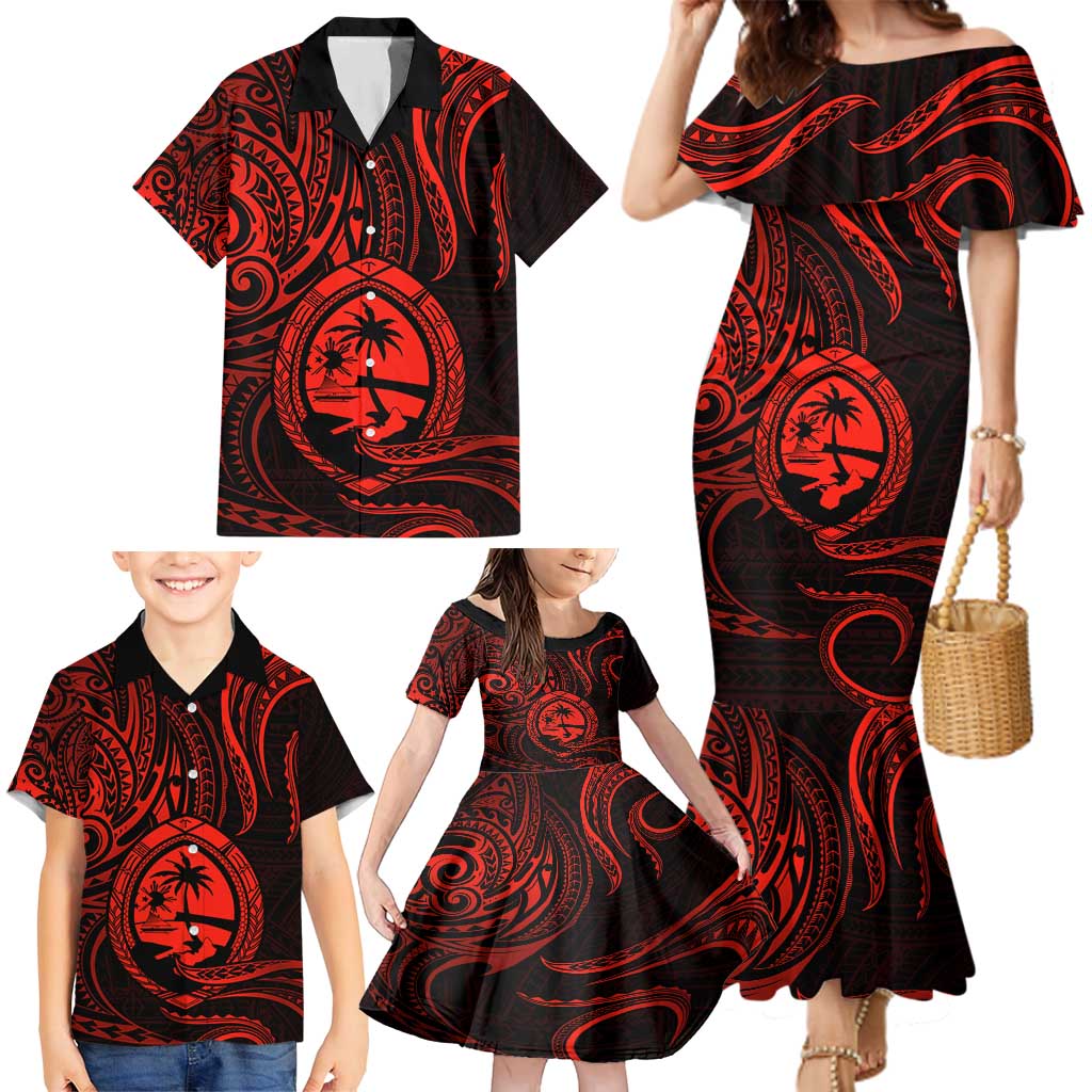 Polynesian Guam Coat of Arms Family Matching Mermaid Dress and Hawaiian Shirt Polynesian Tribal Tattoo Red Version LT9 - Polynesian Pride