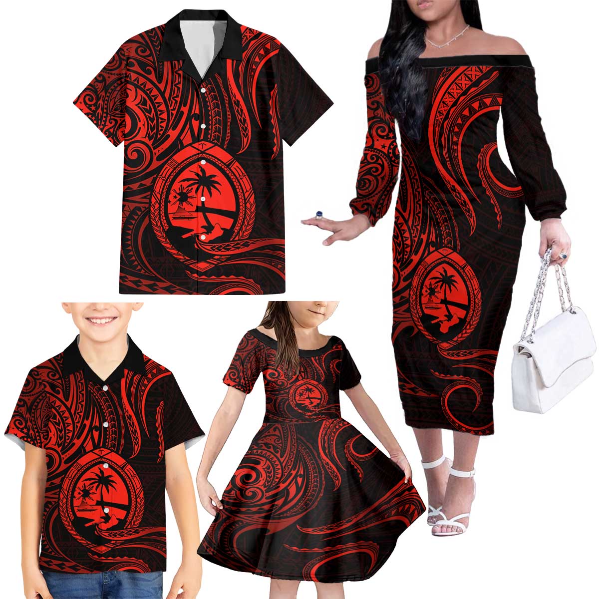 Polynesian Guam Coat of Arms Family Matching Off The Shoulder Long Sleeve Dress and Hawaiian Shirt Polynesian Tribal Tattoo Red Version LT9 - Polynesian Pride