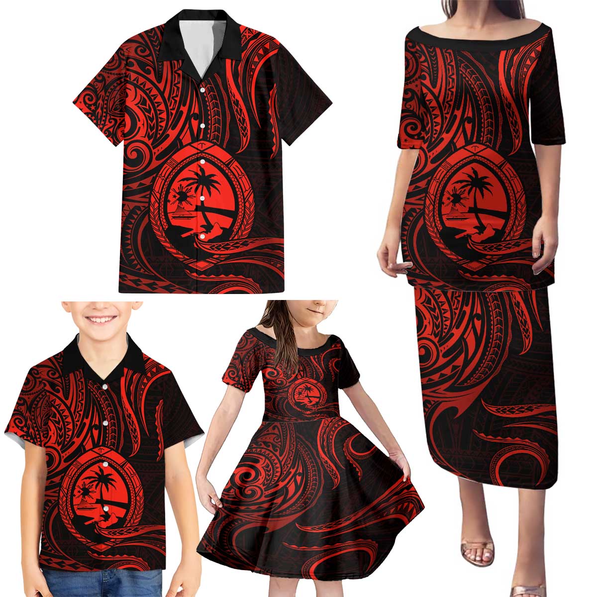 Polynesian Guam Coat of Arms Family Matching Puletasi and Hawaiian Shirt Polynesian Tribal Tattoo Red Version LT9 - Polynesian Pride