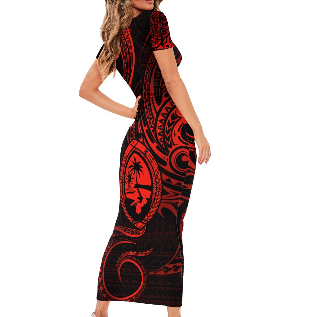 Polynesian Guam Coat of Arms Family Matching Short Sleeve Bodycon Dress and Hawaiian Shirt Polynesian Tribal Tattoo Red Version