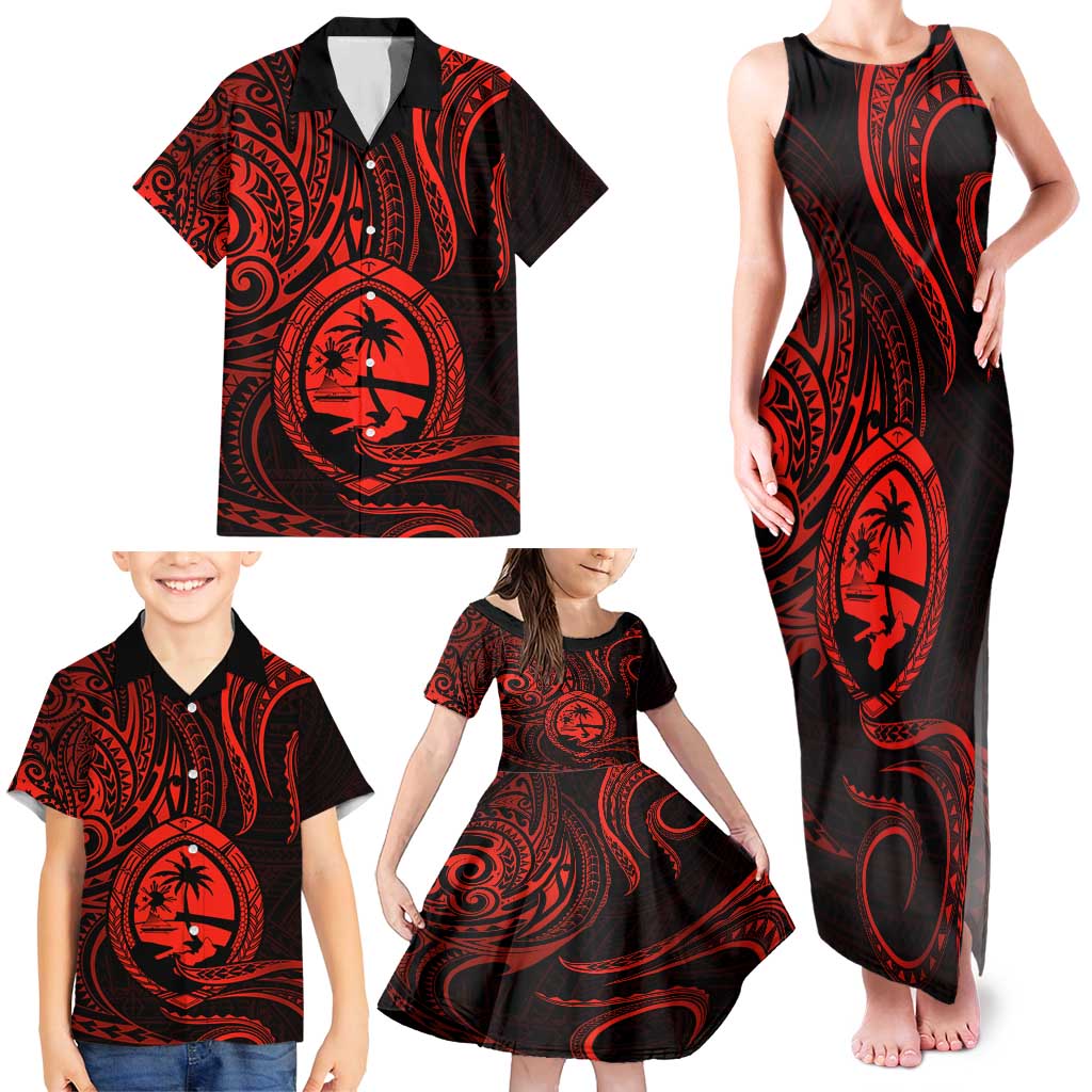 Polynesian Guam Coat of Arms Family Matching Tank Maxi Dress and Hawaiian Shirt Polynesian Tribal Tattoo Red Version