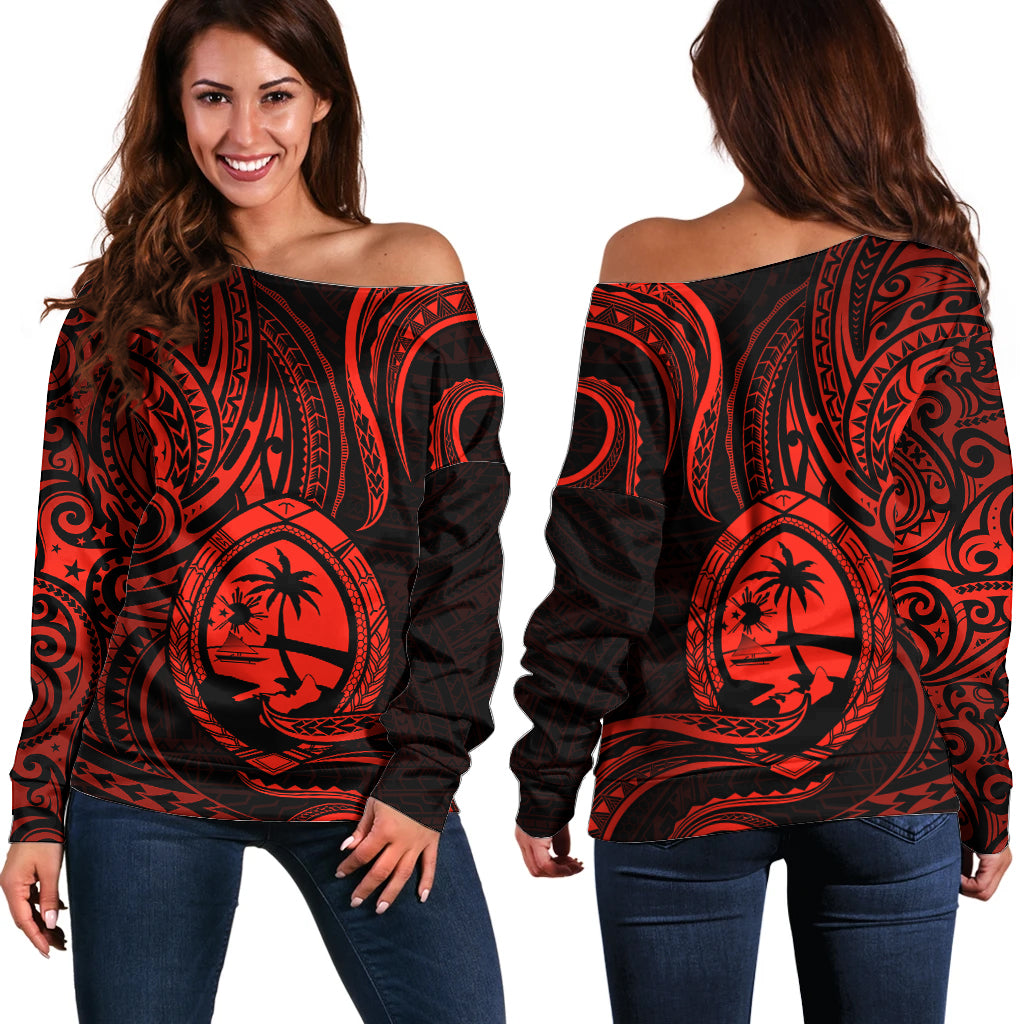 Polynesian Pride Guam Off Shoulder Sweater With Polynesian Tribal Tattoo and Coat of Arms Red Version LT9 Women Red - Polynesian Pride