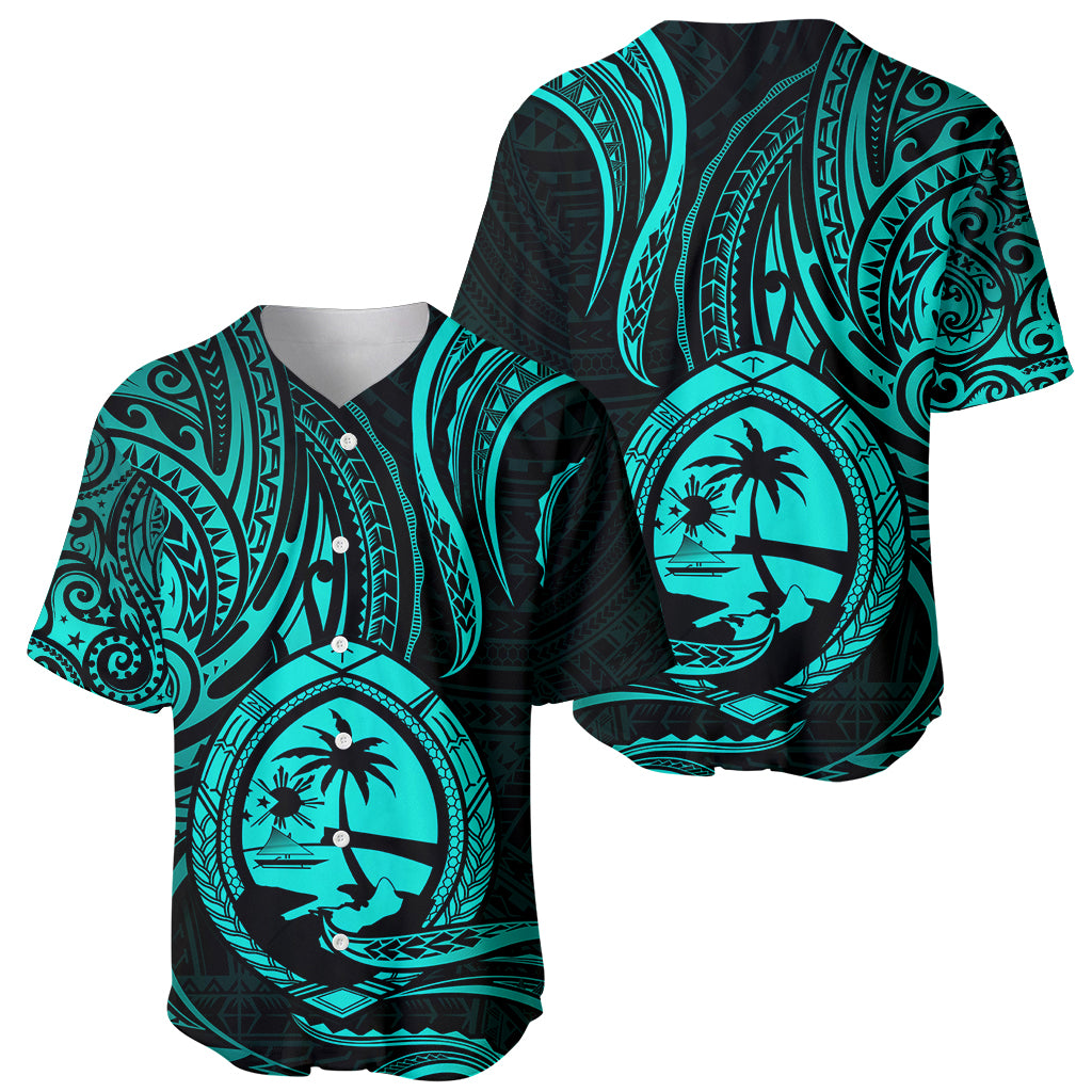 Polynesian Pride Guam Baseball Jersey With Polynesian Tribal Tattoo and Coat of Arms Turquoise Version LT9 turquoise - Polynesian Pride