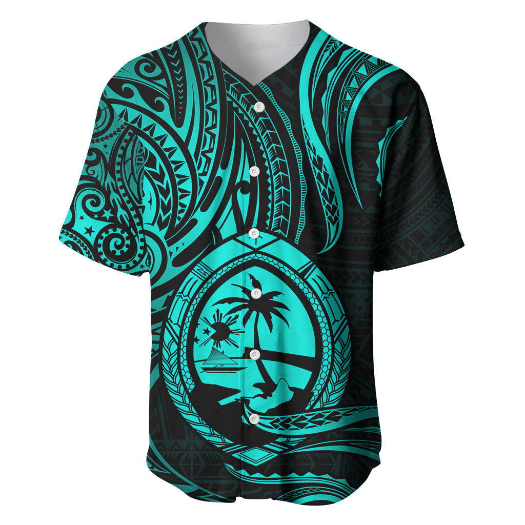 Polynesian Pride Guam Baseball Jersey With Polynesian Tribal Tattoo and Coat of Arms Turquoise Version LT9 - Polynesian Pride