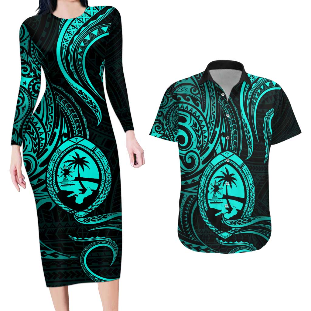 Polynesian Guam Coat of Arms Couples Matching Long Sleeve Bodycon Dress and Hawaiian Shirt Polynesian Tribal Tattoo Turquoise Version