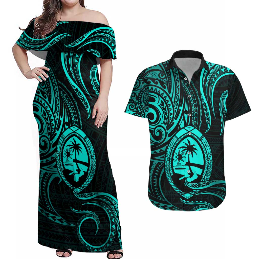 Polynesian Guam Coat of Arms Couples Matching Off Shoulder Maxi Dress and Hawaiian Shirt Polynesian Tribal Tattoo Turquoise Version