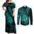 Polynesian Guam Coat of Arms Couples Matching Off Shoulder Maxi Dress and Long Sleeve Button Shirt Polynesian Tribal Tattoo Turquoise Version