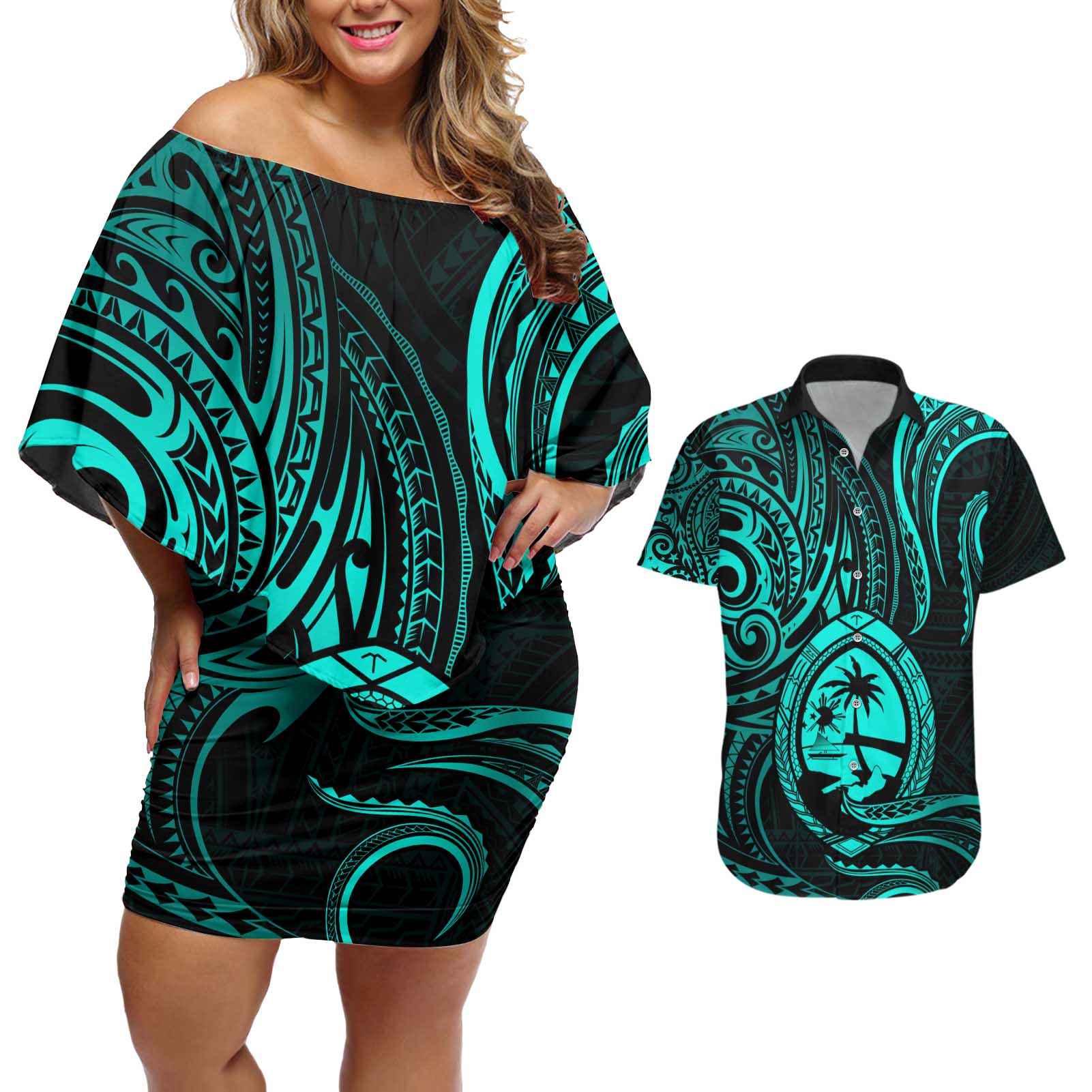 Polynesian Guam Coat of Arms Couples Matching Off Shoulder Short Dress and Hawaiian Shirt Polynesian Tribal Tattoo Turquoise Version