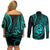 Polynesian Guam Coat of Arms Couples Matching Off Shoulder Short Dress and Long Sleeve Button Shirt Polynesian Tribal Tattoo Turquoise Version