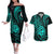 Polynesian Guam Coat of Arms Couples Matching Off The Shoulder Long Sleeve Dress and Hawaiian Shirt Polynesian Tribal Tattoo Turquoise Version