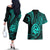 Polynesian Guam Coat of Arms Couples Matching Off The Shoulder Long Sleeve Dress and Hawaiian Shirt Polynesian Tribal Tattoo Turquoise Version