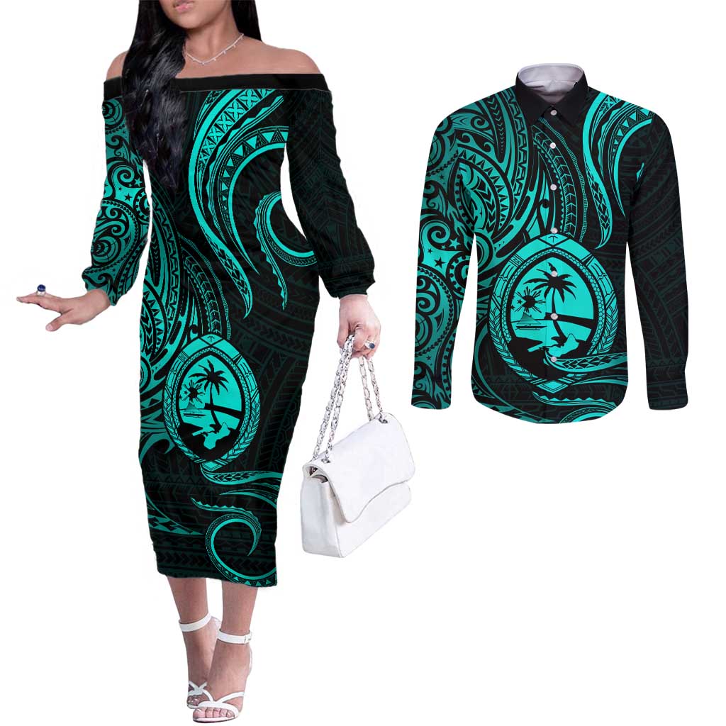 Polynesian Guam Coat of Arms Couples Matching Off The Shoulder Long Sleeve Dress and Long Sleeve Button Shirt Polynesian Tribal Tattoo Turquoise Version LT9 Turquoise - Polynesian Pride