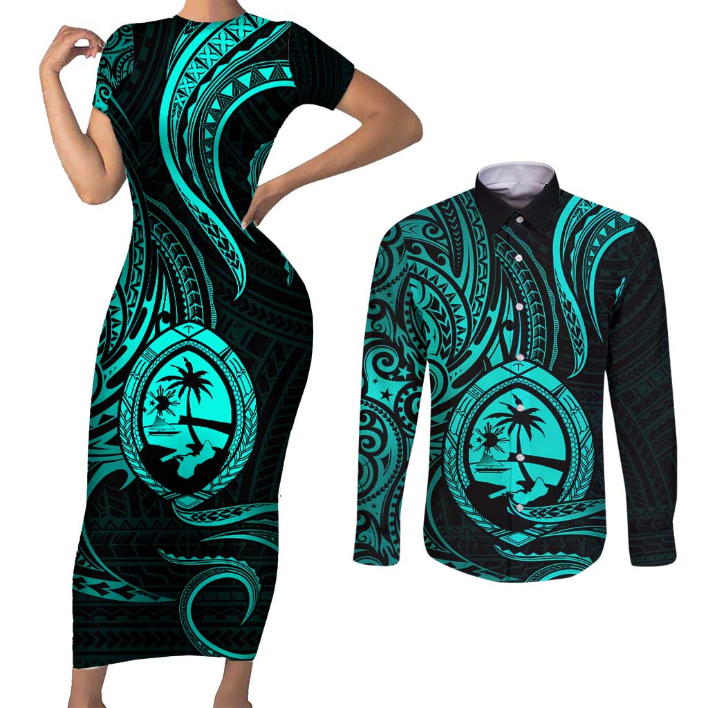 Polynesian Guam Coat of Arms Couples Matching Short Sleeve Bodycon Dress and Long Sleeve Button Shirt Polynesian Tribal Tattoo Turquoise Version LT9 Turquoise - Polynesian Pride