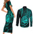 Polynesian Guam Coat of Arms Couples Matching Short Sleeve Bodycon Dress and Long Sleeve Button Shirt Polynesian Tribal Tattoo Turquoise Version