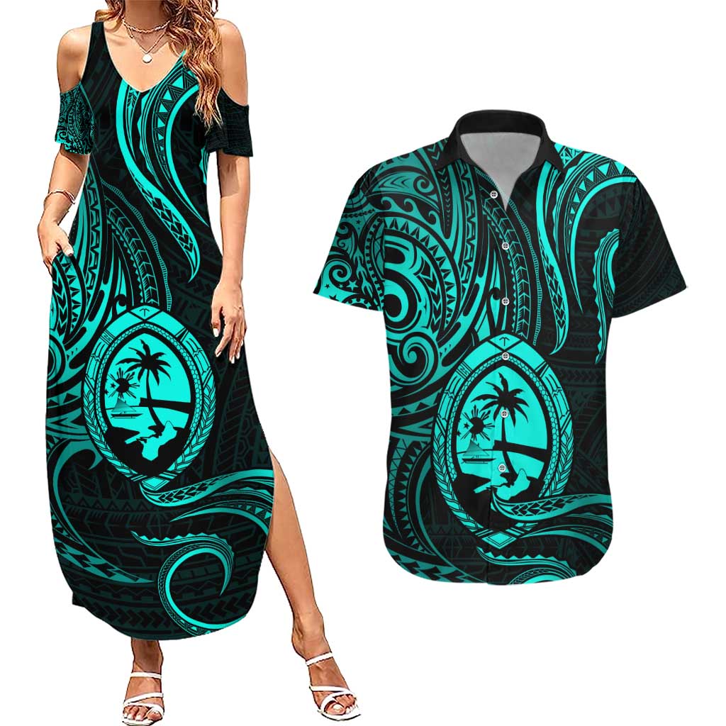 Polynesian Guam Coat of Arms Couples Matching Summer Maxi Dress and Hawaiian Shirt Polynesian Tribal Tattoo Turquoise Version