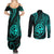 Polynesian Guam Coat of Arms Couples Matching Summer Maxi Dress and Long Sleeve Button Shirt Polynesian Tribal Tattoo Turquoise Version