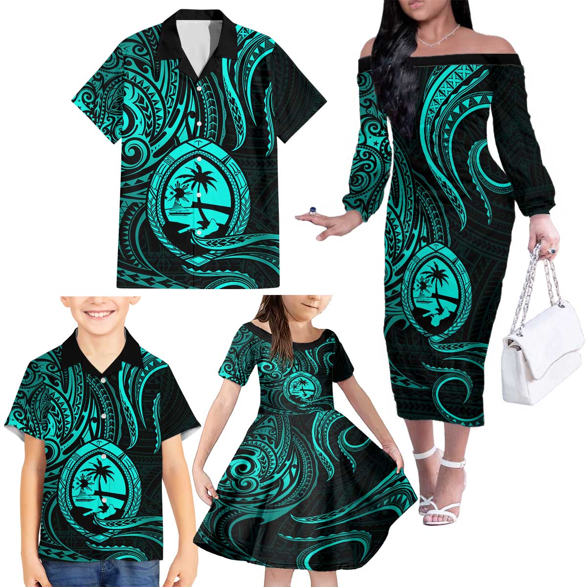 Polynesian Guam Coat of Arms Family Matching Off The Shoulder Long Sleeve Dress and Hawaiian Shirt Polynesian Tribal Tattoo Turquoise Version LT9 - Polynesian Pride