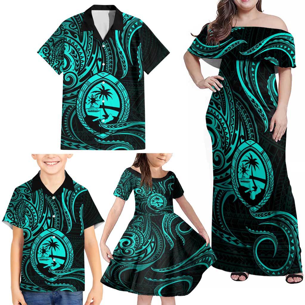 Polynesian Guam Coat of Arms Family Matching Off Shoulder Maxi Dress and Hawaiian Shirt Polynesian Tribal Tattoo Turquoise Version