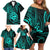 Polynesian Guam Coat of Arms Family Matching Off Shoulder Short Dress and Hawaiian Shirt Polynesian Tribal Tattoo Turquoise Version