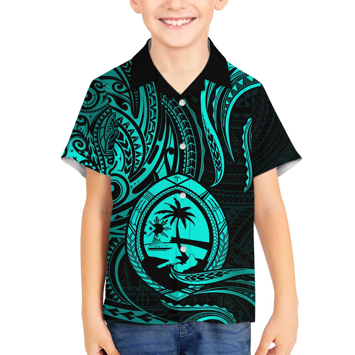 Polynesian Guam Coat of Arms Family Matching Puletasi and Hawaiian Shirt Polynesian Tribal Tattoo Turquoise Version LT9 Son's Shirt Turquoise - Polynesian Pride