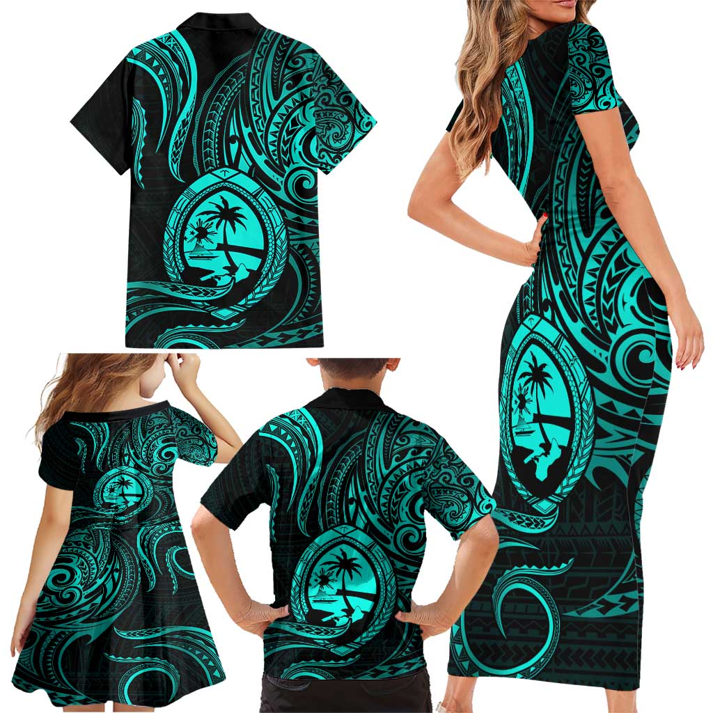 Polynesian Guam Coat of Arms Family Matching Short Sleeve Bodycon Dress and Hawaiian Shirt Polynesian Tribal Tattoo Turquoise Version LT9 - Polynesian Pride