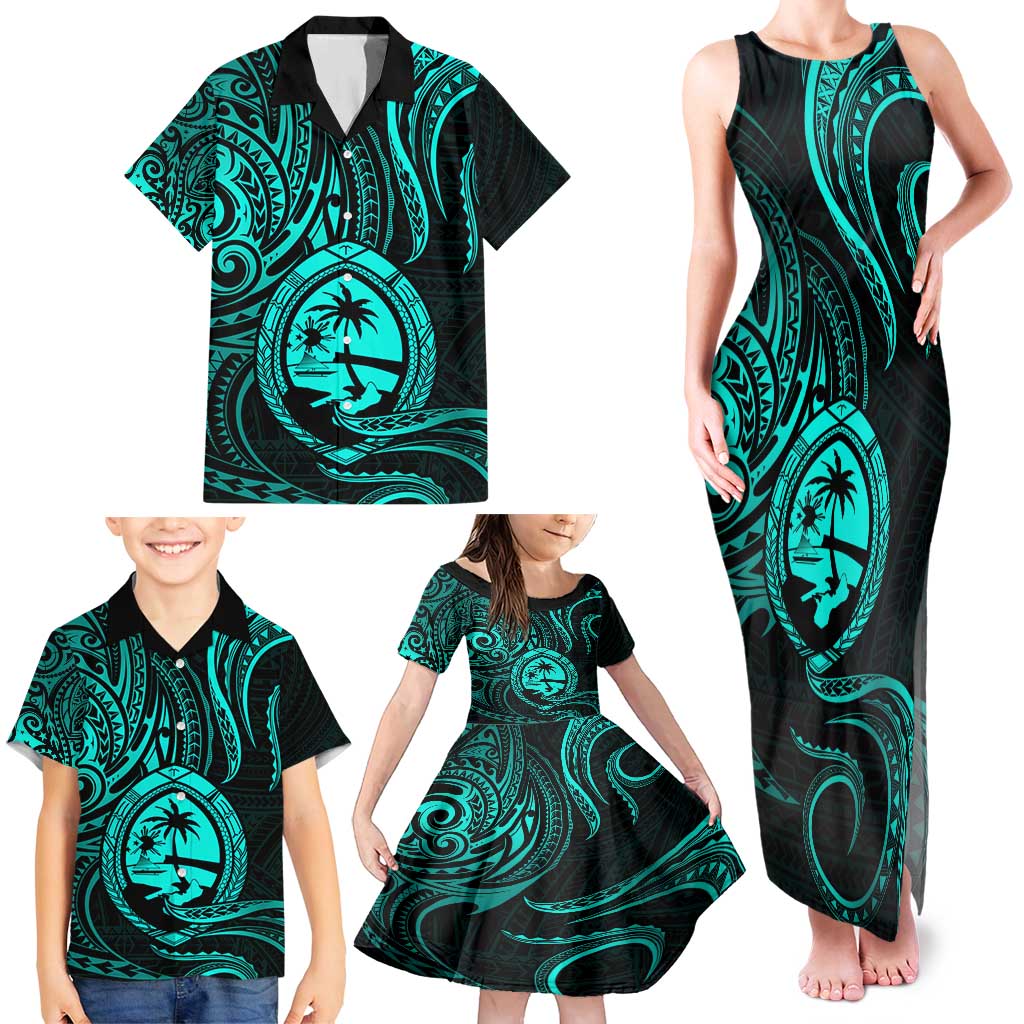 Polynesian Guam Coat of Arms Family Matching Tank Maxi Dress and Hawaiian Shirt Polynesian Tribal Tattoo Turquoise Version