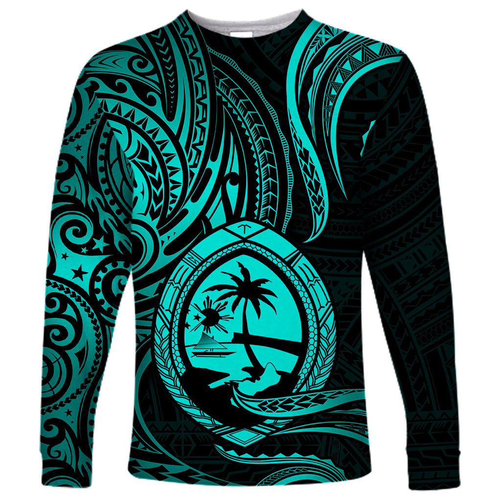 Polynesian Pride Guam Long Sleeve Shirt With Polynesian Tribal Tattoo and Coat of Arms Turquoise Version LT9 Unisex turquoise - Polynesian Pride