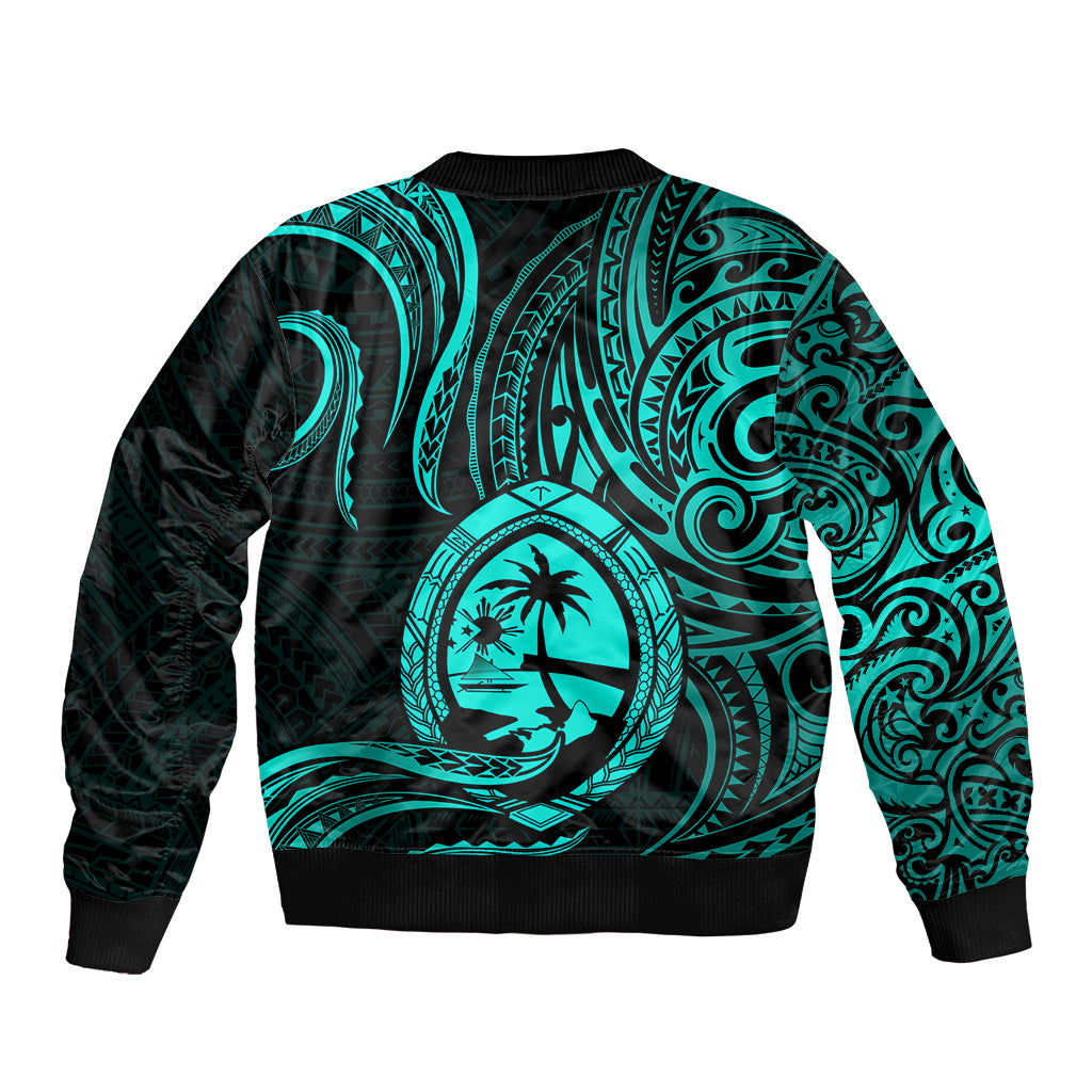 Polynesian Pride Guam Sleeve Zip Bomber Jacket With Polynesian Tribal Tattoo and Coat of Arms Turquoise Version LT9 - Polynesian Pride