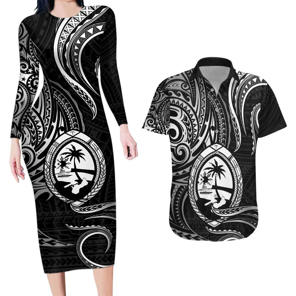 Polynesian Guam Coat of Arms Couples Matching Long Sleeve Bodycon Dress and Hawaiian Shirt Polynesian Tribal Tattoo Black Version