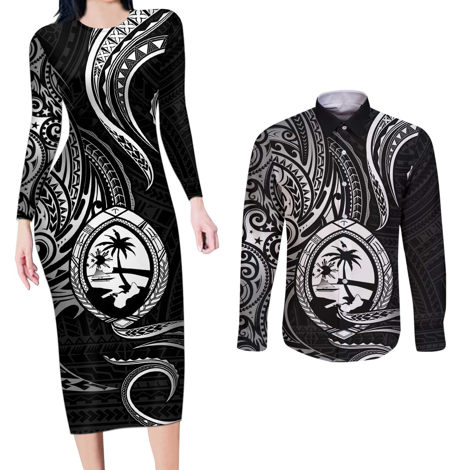 Polynesian Guam Coat of Arms Couples Matching Long Sleeve Bodycon Dress and Long Sleeve Button Shirt Polynesian Tribal Tattoo Black Version LT9 Black - Polynesian Pride