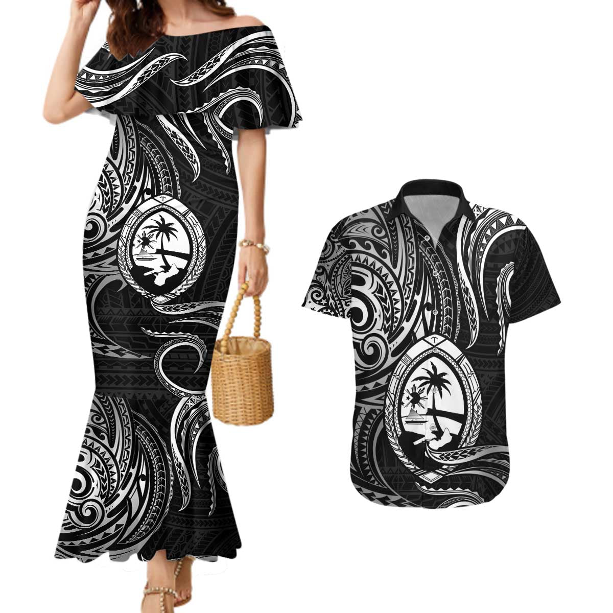 Polynesian Guam Coat of Arms Couples Matching Mermaid Dress and Hawaiian Shirt Polynesian Tribal Tattoo Black Version