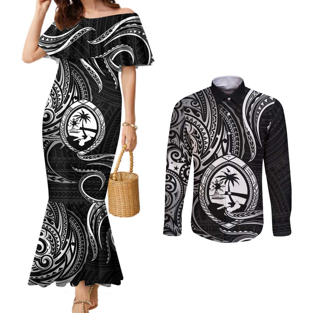 Polynesian Guam Coat of Arms Couples Matching Mermaid Dress and Long Sleeve Button Shirt Polynesian Tribal Tattoo Black Version LT9 Black - Polynesian Pride
