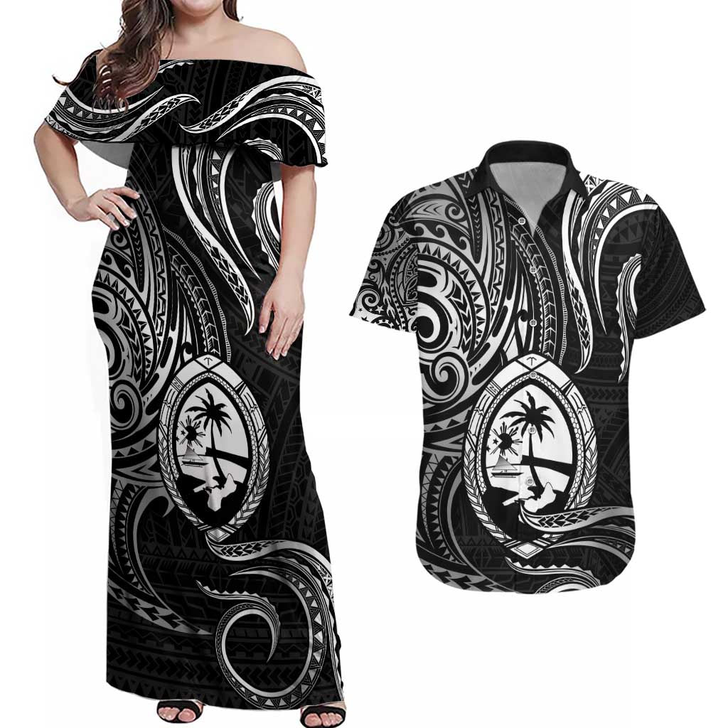 Polynesian Guam Coat of Arms Couples Matching Off Shoulder Maxi Dress and Hawaiian Shirt Polynesian Tribal Tattoo Black Version