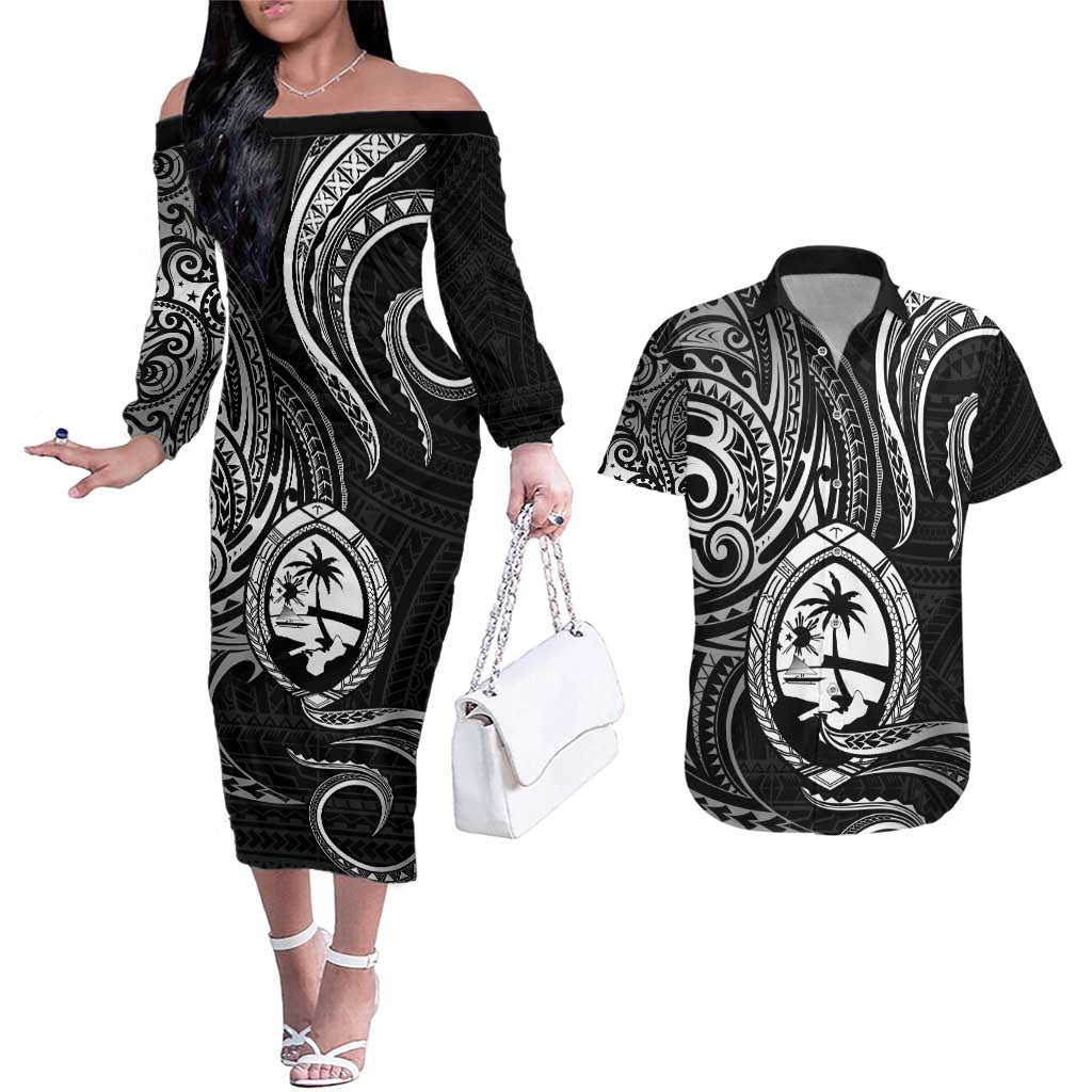 Polynesian Guam Coat of Arms Couples Matching Off The Shoulder Long Sleeve Dress and Hawaiian Shirt Polynesian Tribal Tattoo Black Version