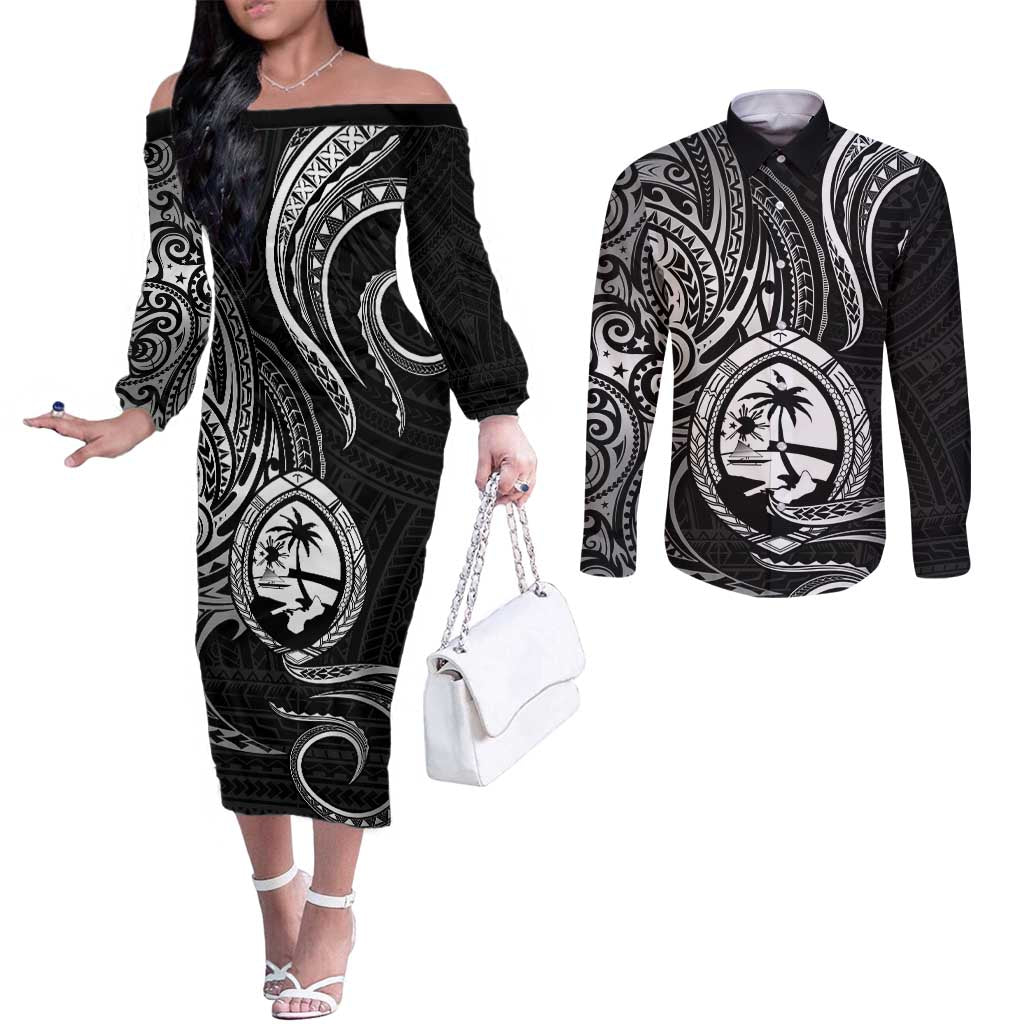 Polynesian Guam Coat of Arms Couples Matching Off The Shoulder Long Sleeve Dress and Long Sleeve Button Shirt Polynesian Tribal Tattoo Black Version LT9 Black - Polynesian Pride