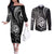 Polynesian Guam Coat of Arms Couples Matching Off The Shoulder Long Sleeve Dress and Long Sleeve Button Shirt Polynesian Tribal Tattoo Black Version