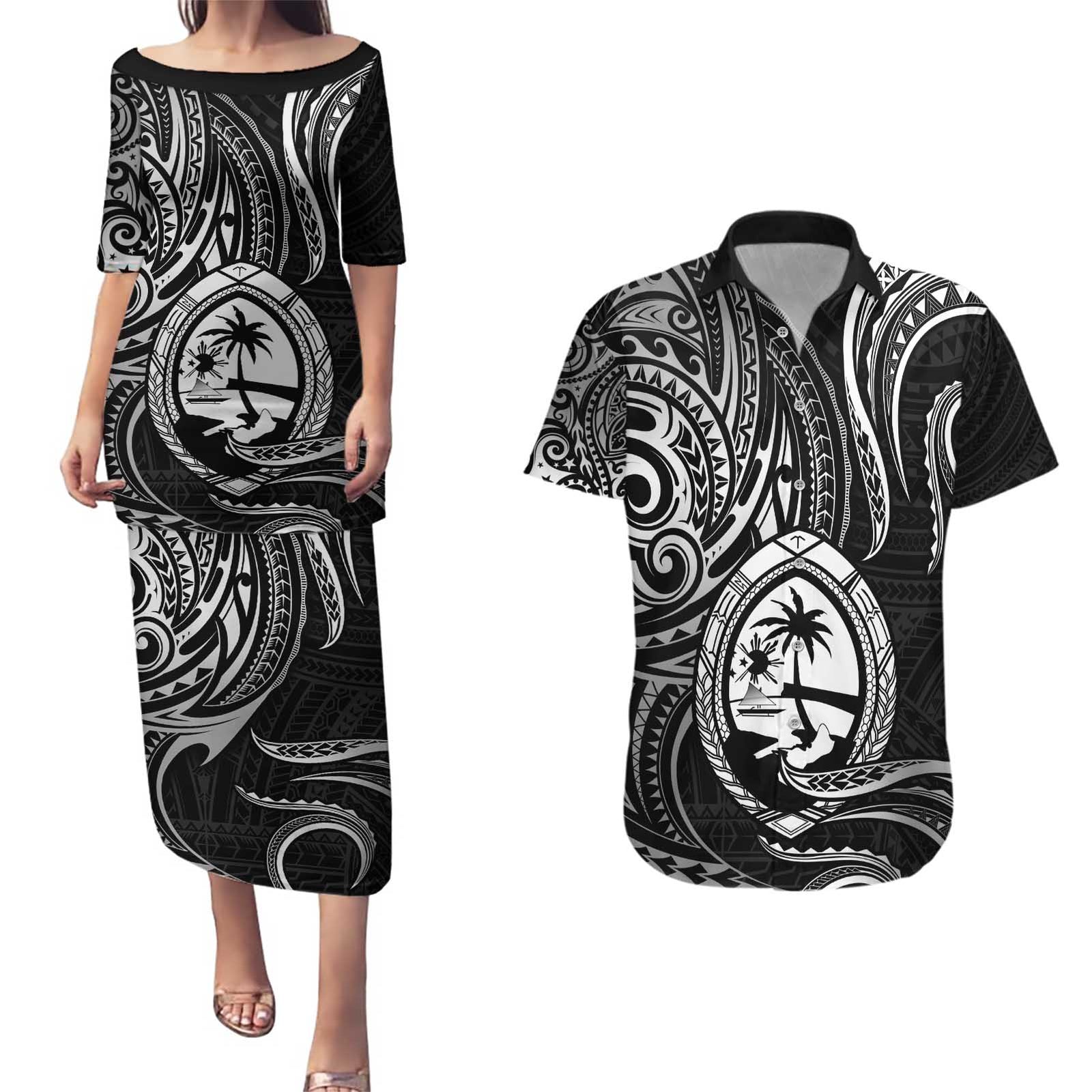 Polynesian Guam Coat of Arms Couples Matching Puletasi and Hawaiian Shirt Polynesian Tribal Tattoo Black Version LT9 Black - Polynesian Pride