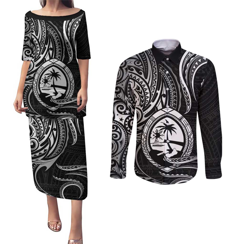 Polynesian Guam Coat of Arms Couples Matching Puletasi and Long Sleeve Button Shirt Polynesian Tribal Tattoo Black Version LT9 Black - Polynesian Pride