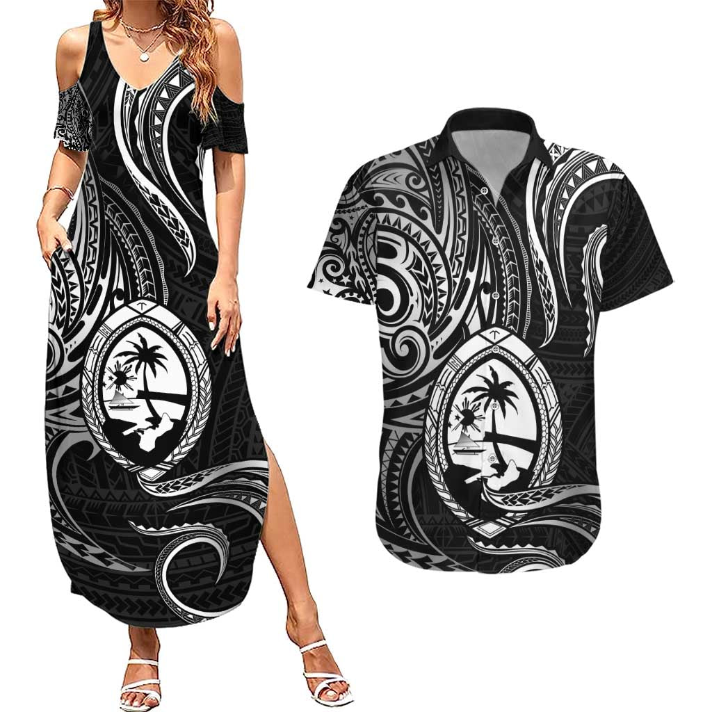 Polynesian Guam Coat of Arms Couples Matching Summer Maxi Dress and Hawaiian Shirt Polynesian Tribal Tattoo Black Version