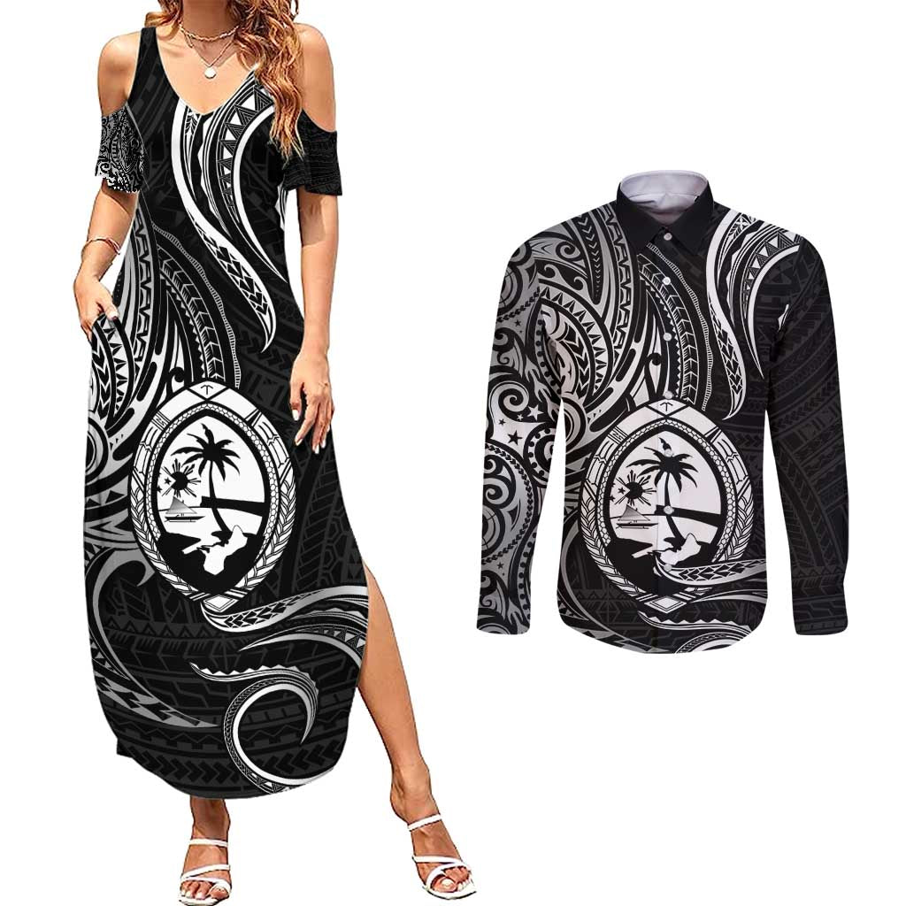 Polynesian Guam Coat of Arms Couples Matching Summer Maxi Dress and Long Sleeve Button Shirt Polynesian Tribal Tattoo Black Version LT9 Black - Polynesian Pride