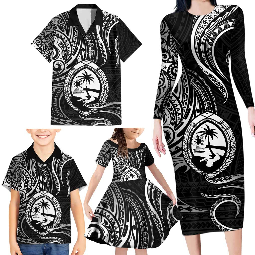 Polynesian Guam Coat of Arms Family Matching Long Sleeve Bodycon Dress and Hawaiian Shirt Polynesian Tribal Tattoo Black Version LT9 - Polynesian Pride